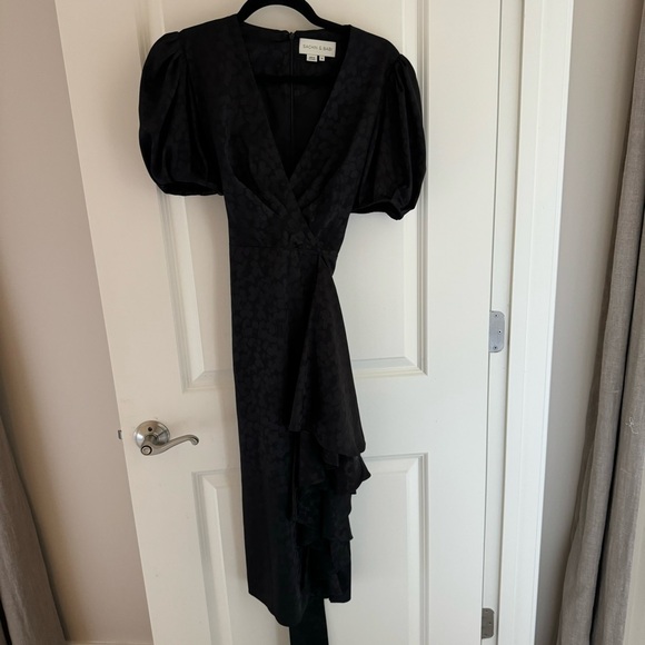 Sachin & Babi Black Puff Sleeve Ruffle Front Belted Rylee Midi Dress | 6 - Picture 2 of 9